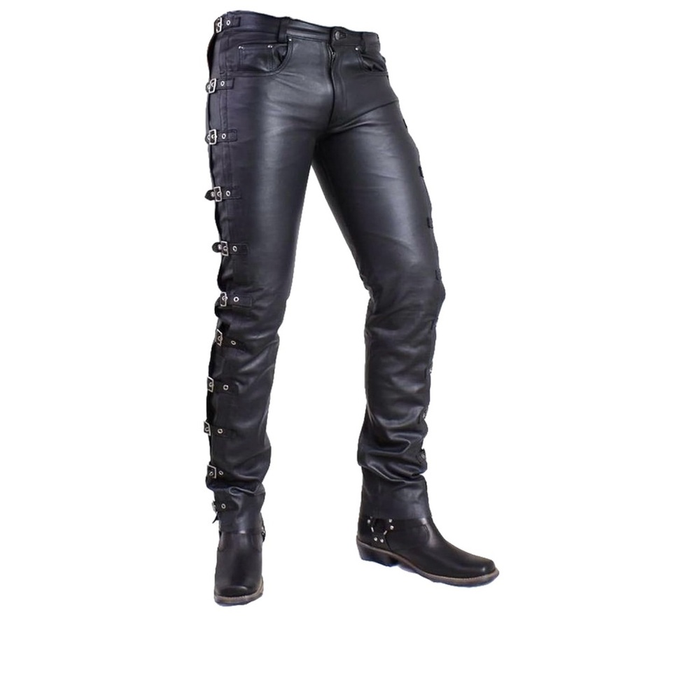 Edgy Black Leather Buckle Pants - Picture 2 of 7